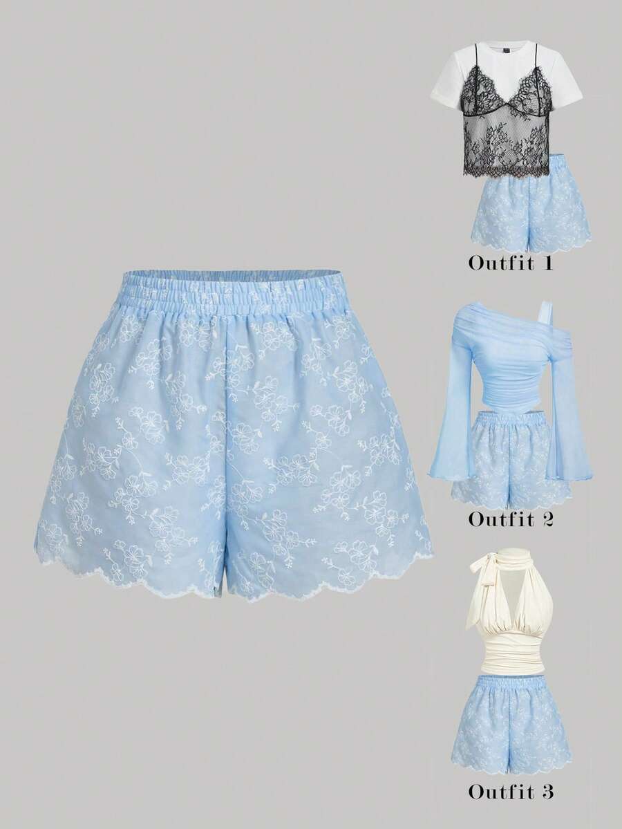 SHEIN MOD Quần short nữ cạp chun, màu xanh dương, thêu ren, kiểu dáng thường ngày. - Màu xanh lam - Xem 1