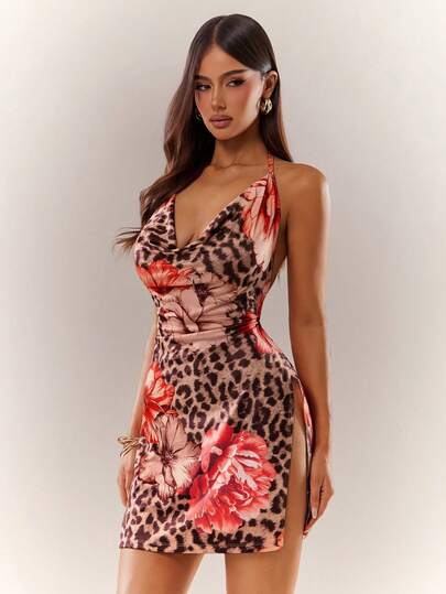 Radiana Seksowna, wyjątkowa, damska sukienka mini z nadrukiem w panterkę i kwiaty na ramiączkach typu spaghetti, sukienka z odkrytymi plecami na ramiączkach typu spaghetti, sukienka maxi z wysokim rozcięciem, sukienka wakacyjna, odpowiednia na wyspiarski kurort, plażę, randkę, spotkanie, imprezę, do klubu nocnego, na koktajl, strój na wakacje