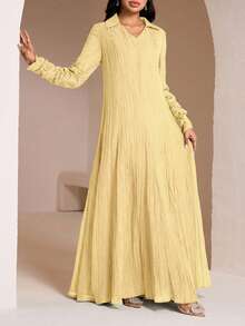 Veilorie Conservative Casual Ruched Sleeve Dress, Women's Arabic Style Long Dress - Yellow - View 2