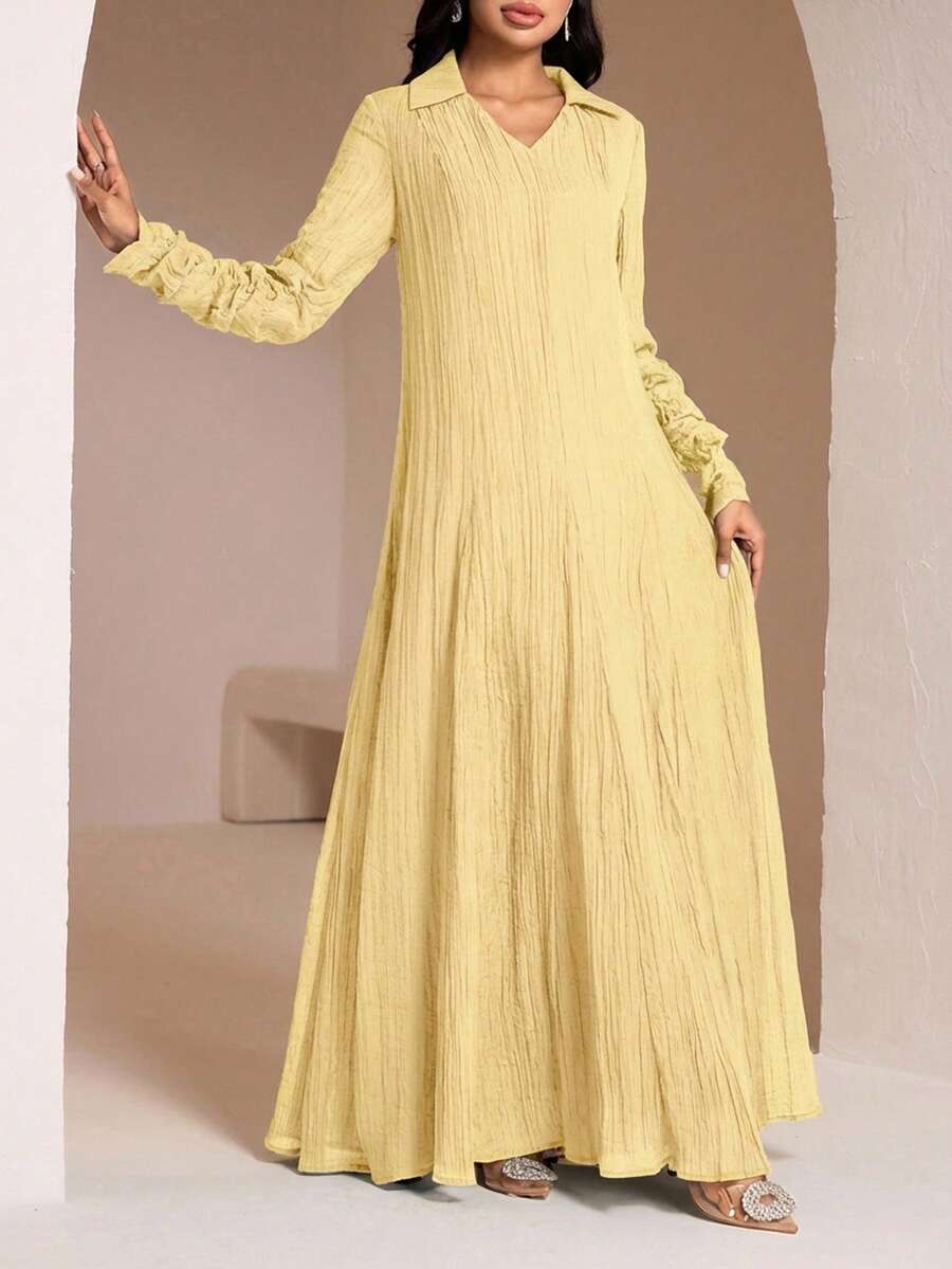Veilorie Conservative Casual Ruched Sleeve Dress, Women's Arabic Style Long Dress