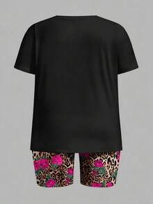 Slaydiva Casual Loose Rose Leopard Print Bow Graphic Round Neck Short Sleeve T-Shirt And Shorts Set, Suitable For Summer Music Festivals, Plus Size - Multicolor - View 7