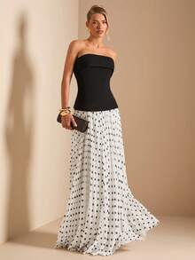 SHEIN BAE 2pcs/Set Women's Solid Black Bandeau Top And Polka Dot Pleated Long Skirt, Elegant Skirt Set For Party, Wedding Guest, Brunch, Spring/Summer Polka Dot Outfit, Graceful Polka Dot Dress - Black and White - View 4