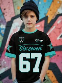 Áo thun ngắn tay cơ bản cho bé trai, kiểu dáng thường ngày, phong cách, sáng tạo, tươi mới, tối giản với họa tiết số 67, ngôi sao năm cánh, phối màu xanh lá cây và đen, in chữ và khẩu hiệu, thoải mái khi mặc hàng ngày, phù hợp cho mùa xuân, hè và thu. - Nhiều màu - Xem 3