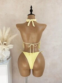 Bellisia Yellow Lace Halter Bikini, Sexy Deep V Two-Piece Swimsuit, 2 Pieces Beach/Resort/Spa Wear - Yellow - View 3