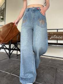 DAZY Celana Jeans Kasual Longgar Wanita dengan Bordir Huruf, Gaya Korea - Biru - View 2