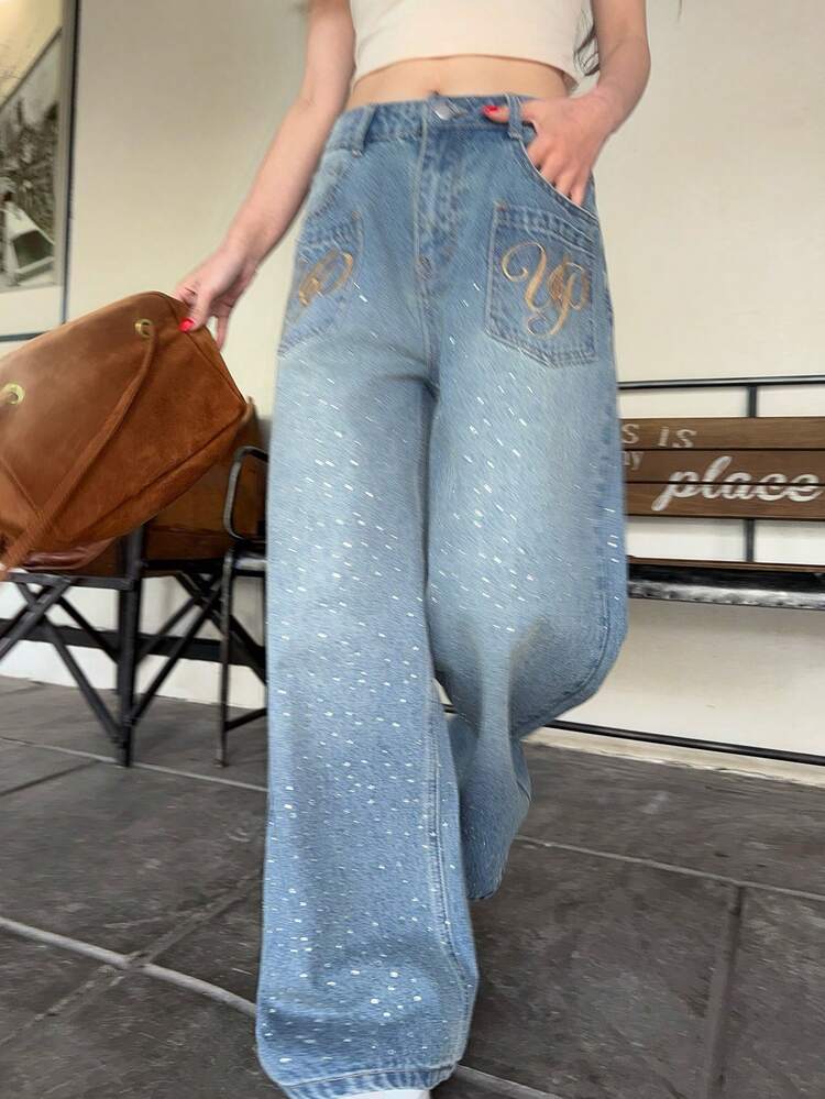 Women's Letter Embroidered Loose Washed Casual Jeans, Korean Style
