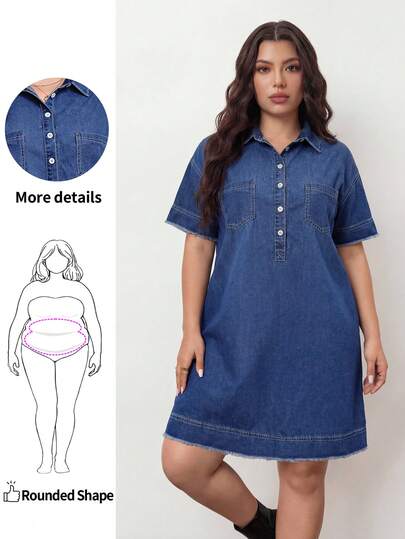 Enliva 大码夏季休闲纽扣前落肩牛仔中长连衣裙