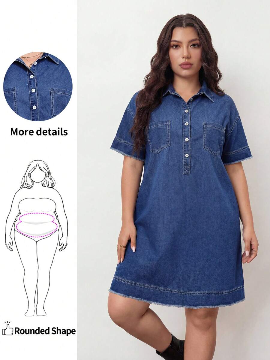 SHEIN Unity 大码夏季休闲纽扣前落肩牛仔中长连衣裙 - 中等水洗藍 - 查看 1