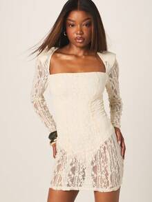 MISSGUIDED Women's Long Sleeve Square Neck Bodycon Lace Mini Dress With Delicate Floral Pattern For Cocktail Evening Party Occasions - Apricot - View 4