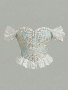 SHEIN Young Girl's Elegant Jacquard Off Shoulder Ruffle Hemline Corset Structure Top, Jacquard Fabric Shirt For Spring/Summer Blouse With Ruffle Trim Puff Sleeves For Special Occasions - Mint Green - View 3