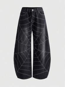 ROMWE Grunge Punk Punk Street Spiderweb Contrast Stitching Design Cocoon Loose Women Jeans - Black - View 2