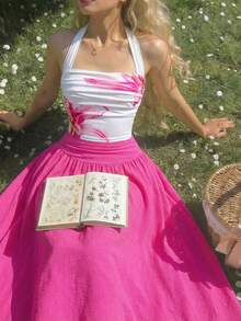 SHEIN Teen Girl Summer Casual Vacation Floral Print Halter Top And Long Skirt Set, Teen Girl Top And Skirt, Skirt Two Piece Set - Hot Pink - View 2