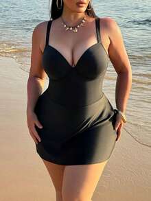 Swim SXY Plus Size Women Solid Color Backless Strap One-Piece Swimsuit, Vacation - Black - View 1