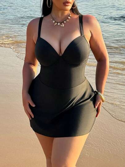 Swim SXY Plus Size Women Solid Color Backless Strap One-Piece Swimsuit, Vacation