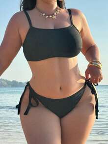 Swim SXY 大码女士夏季沙滩罗纹比基尼套装，可调节肩带吊带上衣和系带泳裤两件式泳装 - 黑色 - 查看 1