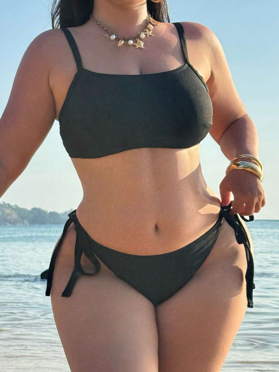 Swim SXY 大码女士夏季沙滩罗纹比基尼套装,可调节肩带吊带上衣和系带泳裤两件式泳装 - 黑色 - 查看 1