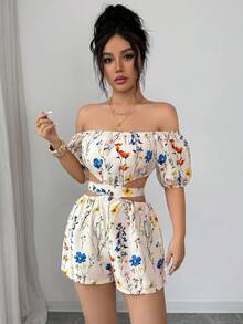 Elenzga 女士休闲优雅杏色碎花露肩系带修身连体裤，春夏款 - 彩色 - 查看 3