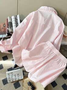 INAWLY Bộ 2 món đồ thời trang đơn giản giản dị cho nữ, áo dài tay rộng rãi bằng vải lanh và quần short - Hồng - Xem 2