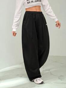 SHEIN Tall 女士秋冬街头风返校学院风休闲保暖舒适法式黑色弹力腰带弧形裤脚长裤，黑色长裤 - 黑色 - 查看 5