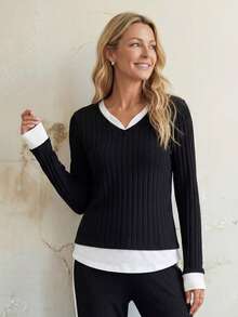 EMERY ROSE Women's Contrast Color V-Neck Long Sleeve Ribbed Casual T-Shirt Long Sleeve Black Top Women Long Sleeve Tops - Black - View 4
