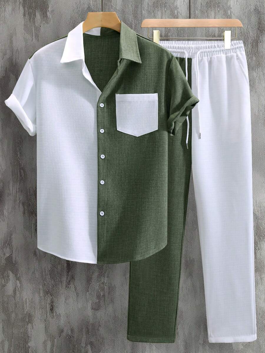EGENSIO Conjunto de camisa blanca y verde con parches para hombre, camisa de manga corta con cuello + pantalones con cordón y bolsillo en la cintura, conjunto casual minimalista - Blanco - Ver 1