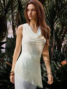 Maija 女士优雅纯色蕾丝不对称流苏下摆吊带背心，夏季 - 杏色 - 查看 4