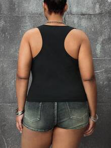 ROMWE Street Life Women's Retro Sexy Y2K Baddie Camouflage Sequin Patchwork Cross Decor All-Match Versatile Tank Top, Plus Size Tank Top - Black - View 3