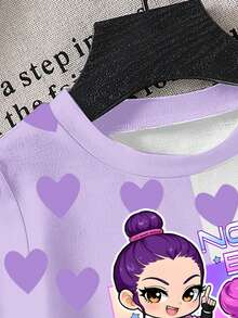 Cute Baby Girls' Summer Lavender T-Shirt Featuring Cartoon Character Prints&Heart Patchwork Design,Round Neck Short Sleeve Casual Tee - Multicolor - View 4