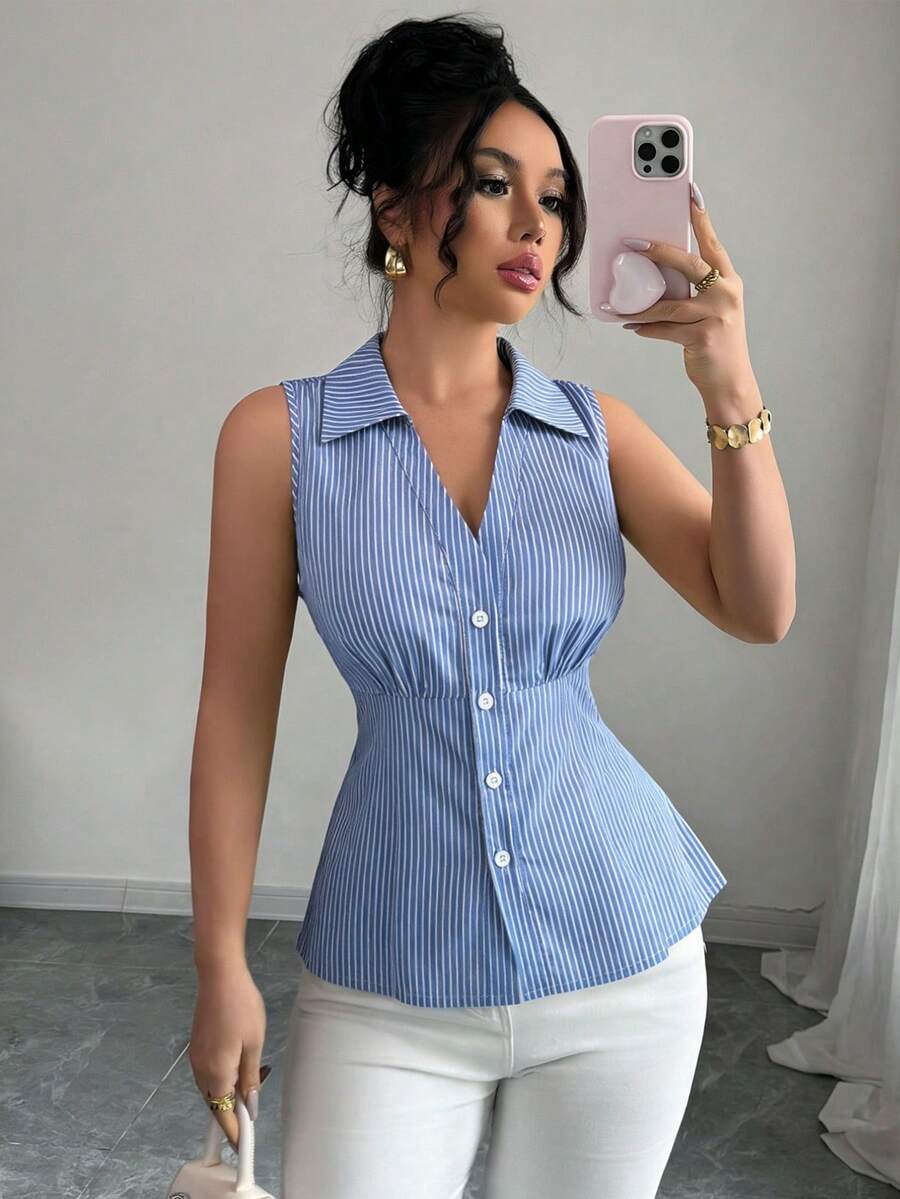 GlowEve Camisa casual sin mangas con cuello de solapa a rayas para mujer, adecuada para el uso diario, primavera/verano - Azul y blanco - Ver 1