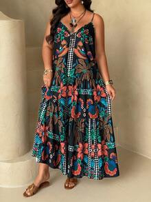 Ceyna Plus Size Vintage Black Floral Print V-Neck Sleeveless Tiered Hem Maxi Dress,Women's Summer Boho Beach Holiday Mexican Style Tropical Resort Wear - Multicolor - View 6