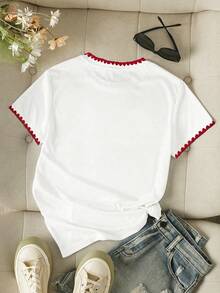 EMERY ROSE 女士短袖T恤，荷叶领，简约蝴蝶结印花设计，休闲百搭夏季户外上衣，优雅图案，适合日常穿着、户外活动、购物和旅行。 - 彩色 - 查看 2