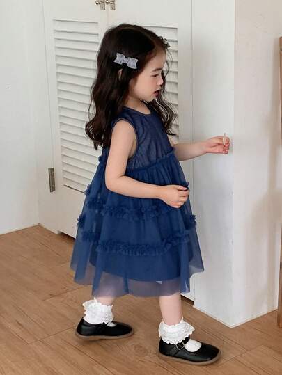 DAZY 女童圆领波点韩版荷叶边网纱拼接无袖牛仔连衣裙