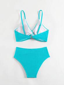 Swim SXY Women's Summer Beach Vacation Solid Color Textured Fabric Twist Front Bikini Set - Blue - View 4
