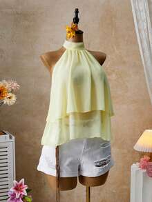 Femesol 黄色露背系带露肩上衣，优雅露背荷叶边A字领系带衬衫，浅黄色休闲办公露背露背女式上衣，适合海滩度假 - 淡黃色 - 查看 3