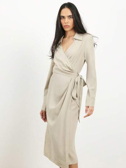 KSTM Women's Beige Wrap Midi Dress With Long Sleeves And Collared Neckline  For Work And Casual OccasionsMISSGUIDED