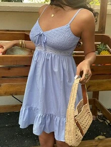 Sunnyshic Spring/Summer Fashion Women's Casual Dress, French Countryside Style Doll Collar Cotton Loose Sweet Short Dress - Blue - View 5