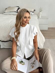 Isle Nomé Women's White Pleated Stand Collar Shirt With Layered Short Sleeves Casual Top - White - View 3