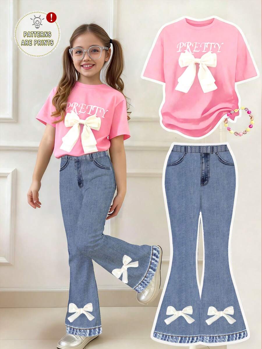 Spring And Summer Young Girl Casual Fashion Creative Personalized Refreshing Minimalist White Bow Denim-Effect Letter Graphic Print Tee And Flare Pants Set, Comfortable Daily Wear - Multicolor - View 1