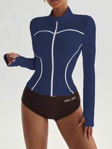 SHEIN Dewbera Women's Autumn/Winter Sports Jacket, Tight-Fitting Stand Collar, Contrast Color Trim, Thumb Hole, Suitable For Daily Casual Wear, Running, Yoga, Gym, Tennis, Golf, Etc. Bodysuit Tummy Control Revealing Clothes For Women Bodysuits For Women Fitted Shirts For Women - Navy Blue - View 6