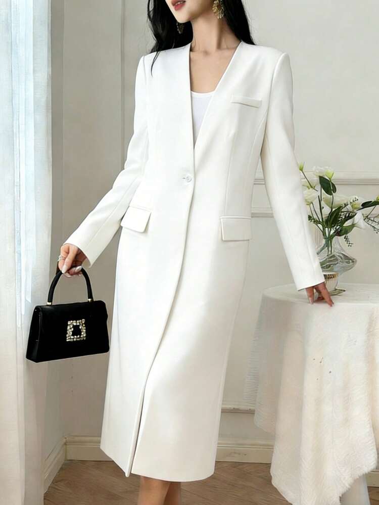 V-Neck Elegant Long Sleeve White Blazer Jacket, Suitable For Commuting In Spring And Summer