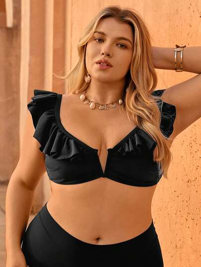 Swim Vcay 2026 New Plus Size Women's Black Ruffled Strap V-Neck Bikini Top