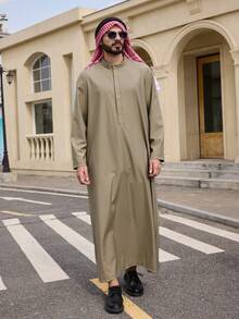 DAZY Men's Long Gray Half-Placket Middle Eastern Style Robe Shirt, Spring Summer - Grey - View 4