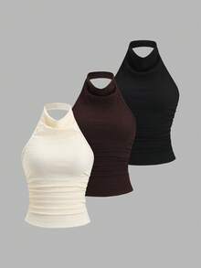 Sweetra New European And American Sexy Backless Romantic Plunging Neckline Textured Design Fitted Slim 3 Pieces Set , Casual Daily Wear, Date, Commute, Versatile For Women - Multicolor - View 1