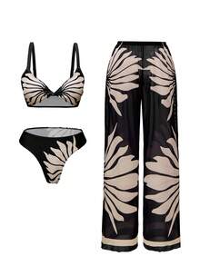 Swim Oasis Costume de baie de plajă pentru femei, model vacanță de vară, alb-negru, cu imprimeu, pantaloni largi din plasă, costum de baie din 3 piese - Alb-negru - Vizualizare 5
