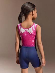 2pcs Girls' Activewear Set,Black And Purple Gradient Print Leotard,Soft Stretchy Fabric,Suitable For Gymnastics,Summer,Gym,Sport Training Exercises - Multicolor - View 2