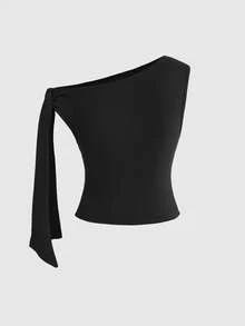 ROMWE Y2K 字母印花休闲街头风不对称肩部女式T恤 - 黑色 - 查看 2