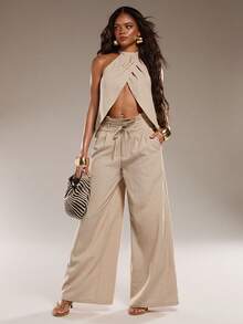 Normani 女款卡其色夏季休閒度假兩件套，掛脖紋理寬鬆上衣與長褲套裝，優雅海灘音樂會派對穿搭，Y2K街頭風 - 杏色 - 查看 6