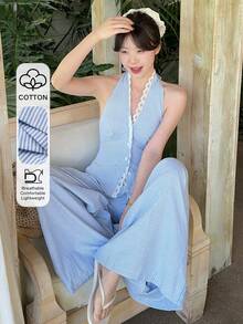 DAZY Women's Korean Style Vacation Tie-Up Shirt And Loose Pants 2 Pieces Set, Spring/Summer - Blue - View 6