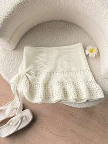 Elamini Women's Red Skirt, Fashionable Summer Beach Outfit, Low-Waist Hollow-Out Ruffled Mini Skirt, Versatile Sweet Vacation Style - White - View 4