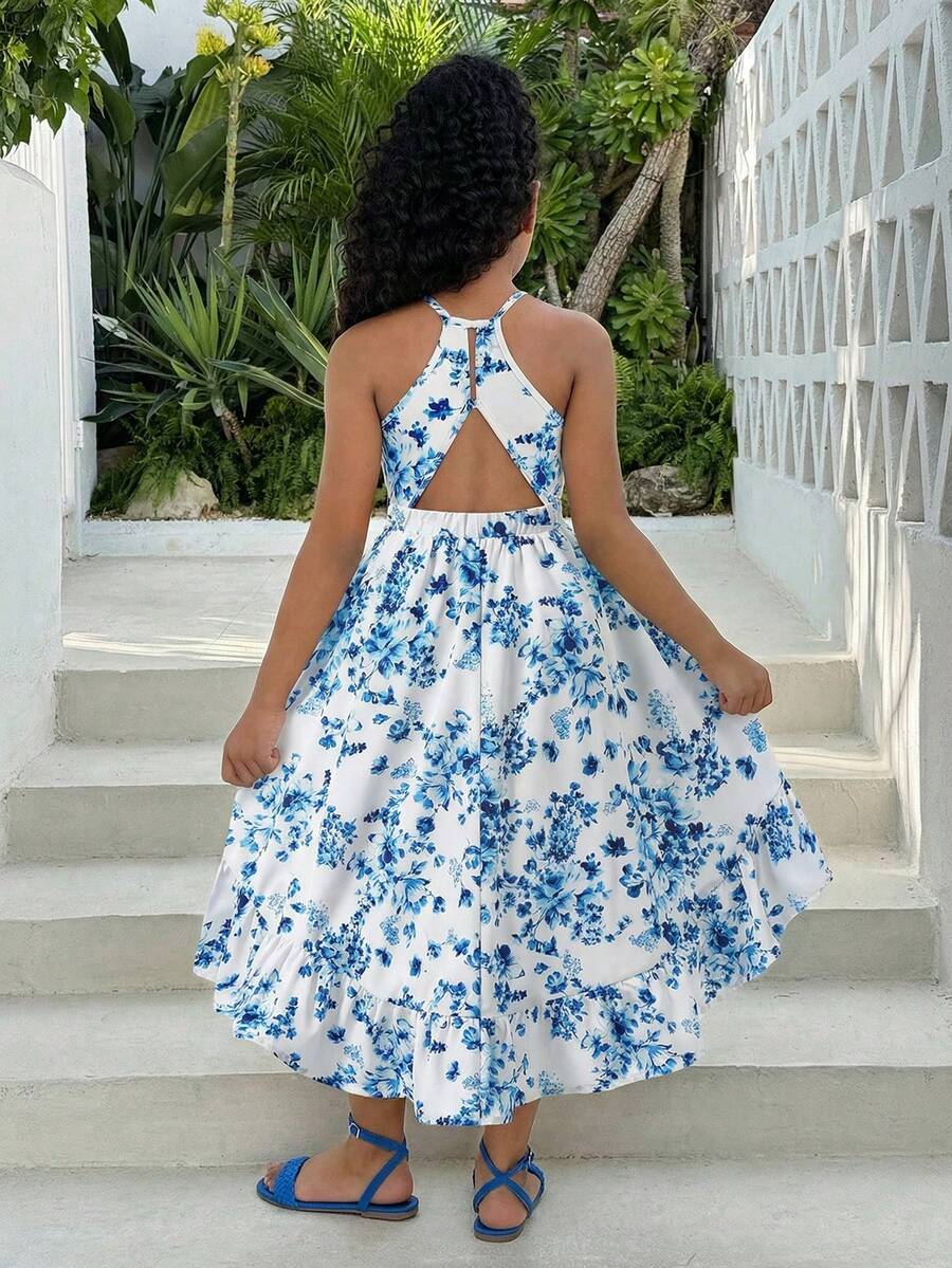 SHEIN Young Girl Sleeveless Ditsy Floral Casual Chiffon Dress Sundresses For Vacation Girl Vacation Dress,Kids - Pink - View 1